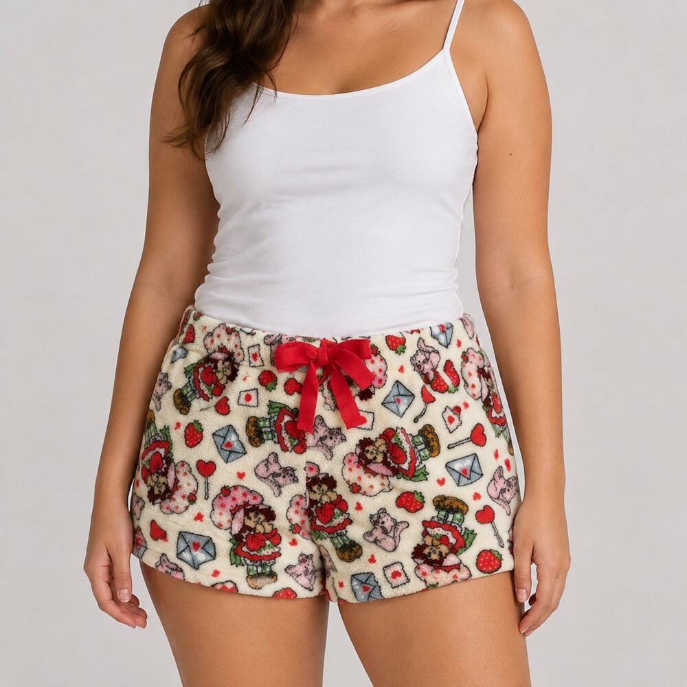 Strawberry Shortcake Pajama Shorts Womens Large Plush Fleece Lounge NWT